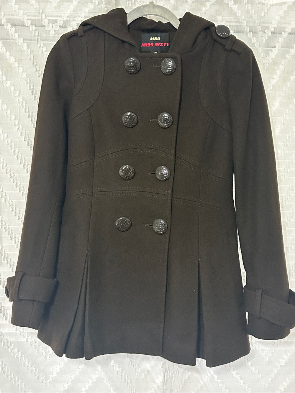 Miss Sixty Women's Brown Double-Breasted Hooded Peacoat